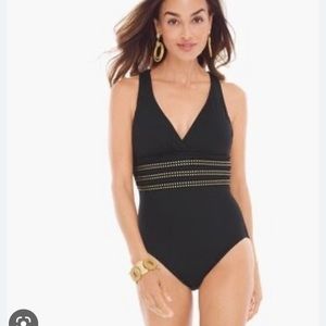 La Blanca Cross Back Mia Black One Piece Swimsuit with Gold Studs Tummy Control